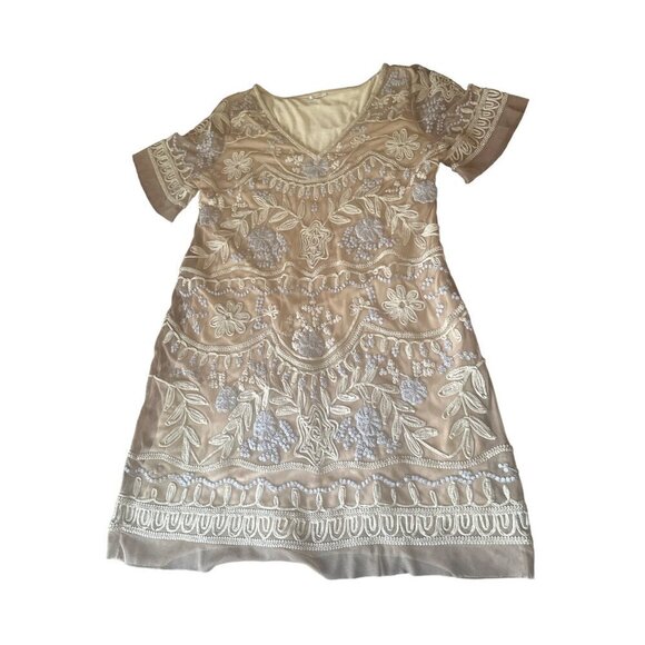 Sundance Beige Tan Embroidered V Neck Short Sleeve Cocktail Dress Size Petite La - Picture 1 of 6